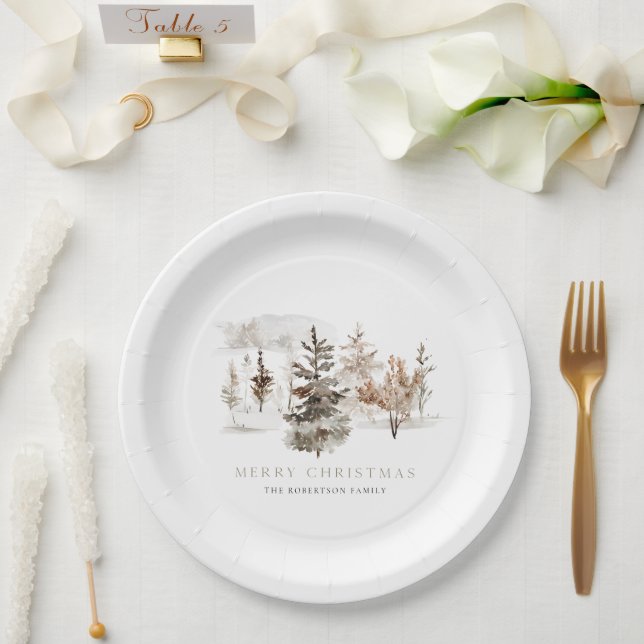 Christmas Watercolor Winter Landscape Paper Plate (Wedding)