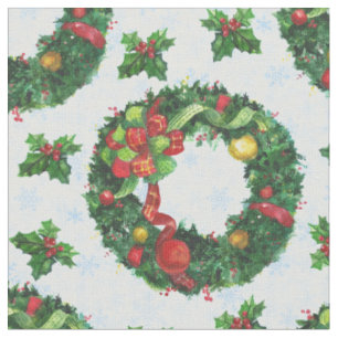 Christmas watercolor Wreath Holiday Fabric