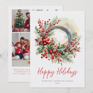 Christmas Watercolor Wreath Holiday Family Photo Card