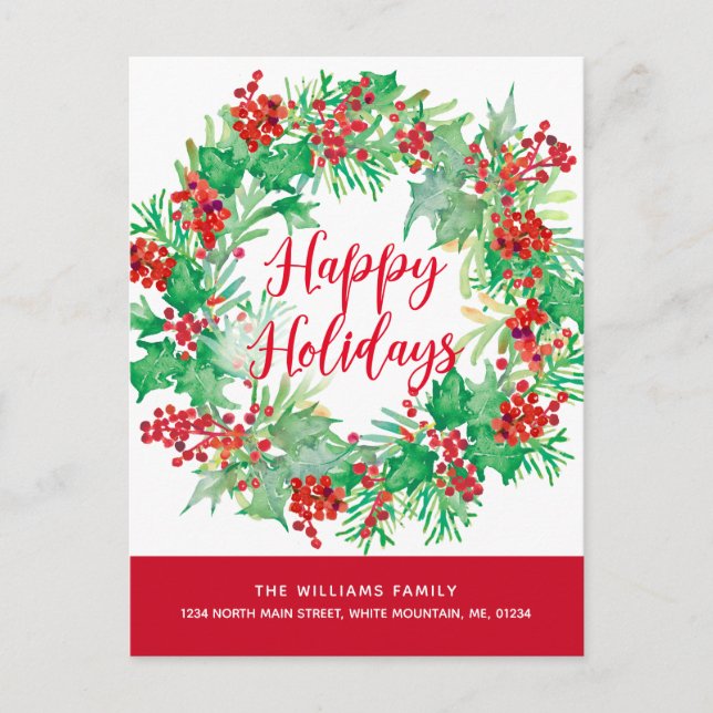 Christmas Watercolor Wreath Red Script Moving Holiday Postcard (Front)