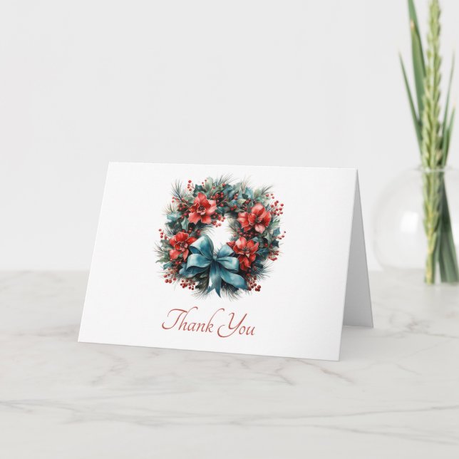 Christmas Watercolor Wreath with Holly Thank You Card (Front)