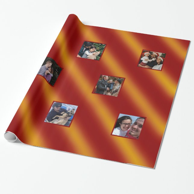 Christmas Wavy Pattern Gold & red 8 Photos Wrapping Paper (Unrolled)