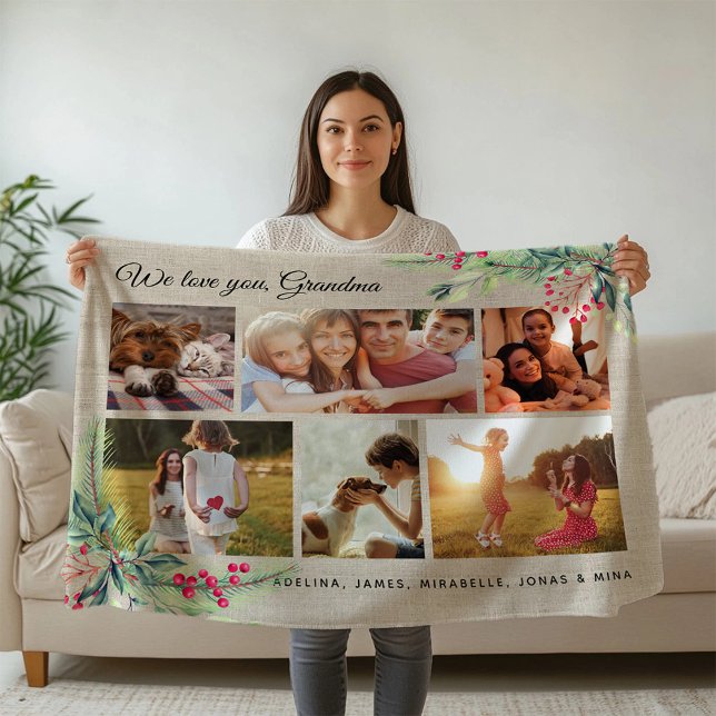 Christmas WE LOVE YOU GRANDMA Rustic Photo Collage Fleece Blanket (Creator Uploaded)