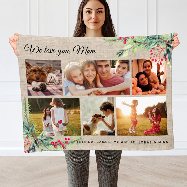 Christmas WE LOVE YOU MOM Rustic Photo Collage Fleece Blanket (Creator Uploaded)