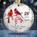 Christmas wedding anniversary red cardinal ceramic tree decoration<br><div class="desc">Cute red green red cardinal Christmas wedding Anniversary Ceramic ornament. Stylish and elegant beautiful inexpensive gift for couples celebrating their marriage. It’s an elegant wedding anniversary keepsake that can be personalised with your special anniversary information.</div>