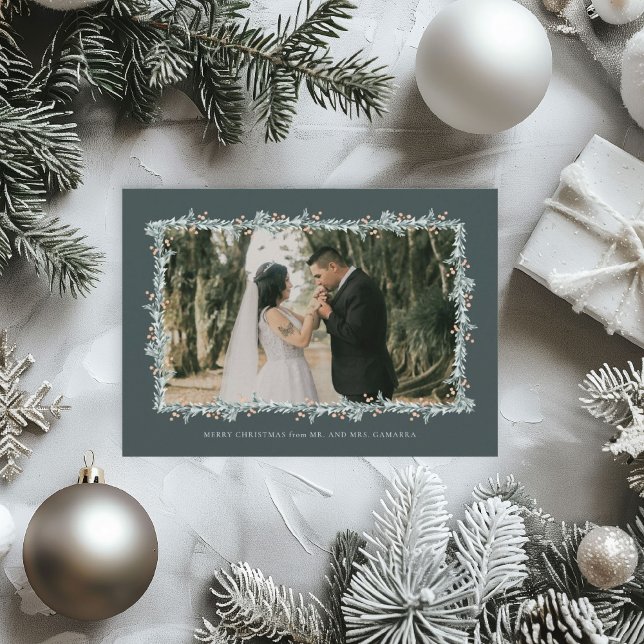 Christmas Wedding Announcement Photo Card (Elegant watercolor border holiday photo card)