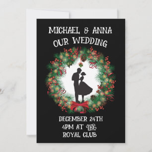 CHRISTMAS WEDDING BLACK & RED WREATH INVITATIONS
