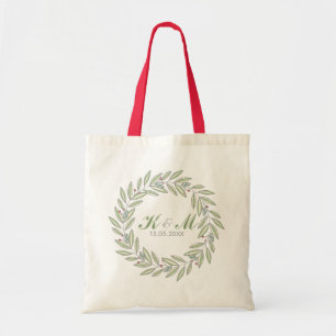 Christmas Wedding Bride Groom Monogram Wreath Tote Bag