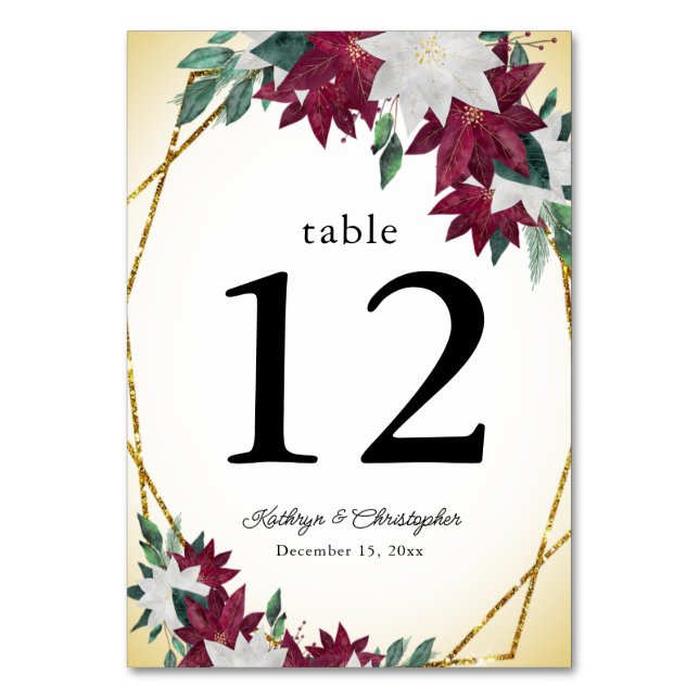 Christmas Wedding Burgundy Poinsettias and Gold Table Number (Front)