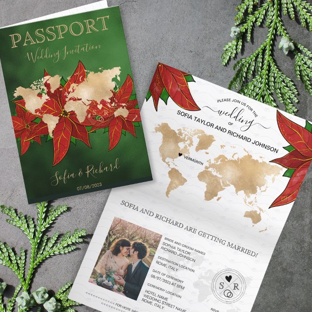 Christmas Wedding Destination Passport World Map  Invitation (christmas wedding passport invitation, green background and poinsettias)