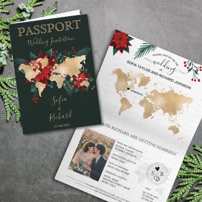 Christmas Wedding Destination Passport World Map  Invitation (christmas poinsettia gold world map passport)