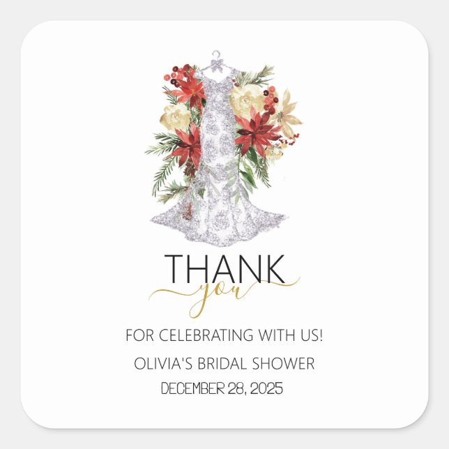 Christmas Wedding Dress Bridal Shower Thank You  Square Sticker (Front)