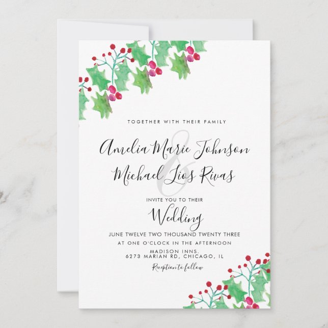 Christmas Wedding Elegant Script Watercolor Berry Invitation (Front)