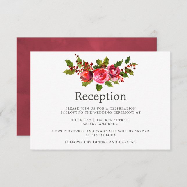 Christmas Wedding Floral Holly Reception Invitation (Front/Back)
