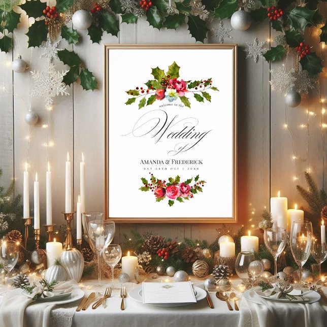Christmas Wedding Floral Holly Watercolor Welcome Poster (Christmas Wedding Floral Holly Watercolor Welcome Poster)