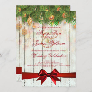 Christmas Wedding Gold Decorations & Red Ribbon Invitation
