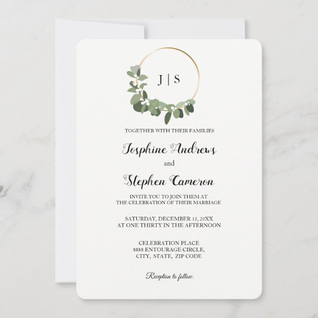Christmas Wedding Gold Green Wreath Elegant Invitation (Front)