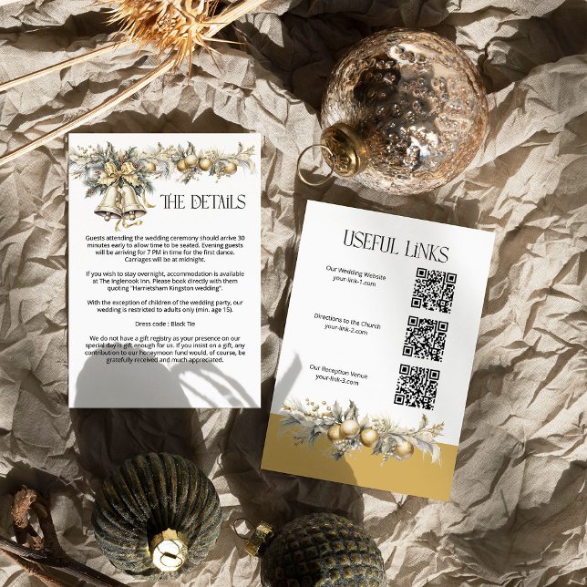 Christmas Wedding Golden Holly Bells Details Enclosure Card (Wedding Details Enclosure Card from the Holly Bells Wedding Collection by Darling & May)