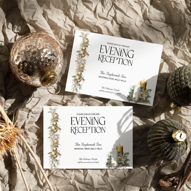 Christmas Wedding Golden Holly Bells Reception Enclosure Card (Evening Reception Card from the Holly Bells Wedding Collection by Darling & May)