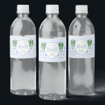 Christmas Wedding Green Ribbon Blue Ginger Jar<br><div class="desc">Elegant water bottle label design with a simple couple's crest featuring the initials of the bride and groom, their first names and the wedding date. On either side of the crest is a blue and white ginger jar decorated with a green bow. To add or delete text fields, "click to...</div>