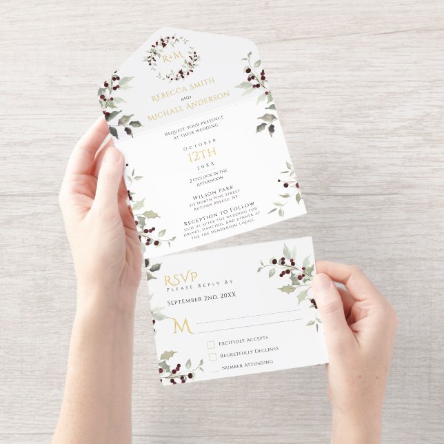 Christmas Wedding Holly Monogram All In One Invitation (Tearaway)