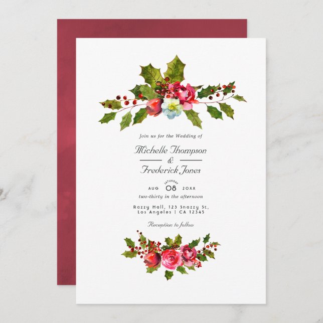 Christmas Wedding Holly QR Code RSVP Invitation (Front/Back)