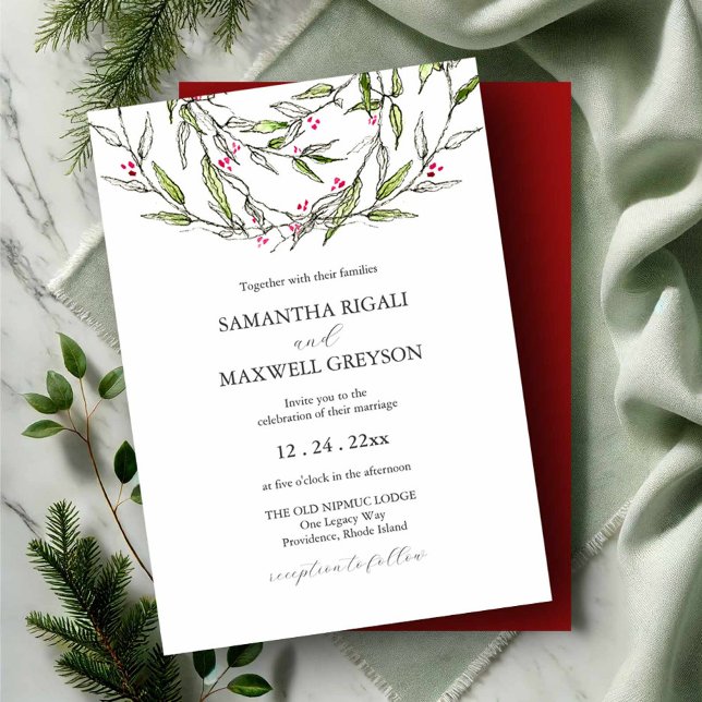 Christmas Wedding Invitation Hand Drawn Botanicals (Hand drawn wedding invitations watercolor and line art by Victoria Grigaliunas of Do Tell A Belle)