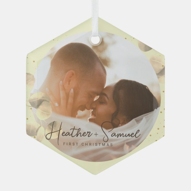 Christmas Wedding Keepsake Elegant Script photo Glass Tree Decoration (Front)