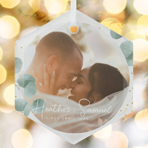 Christmas Wedding Keepsake Elegant Script photo Glass Tree Decoration