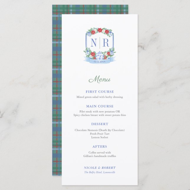 Christmas Wedding Monogram Individual Place Names Menu (Front/Back)