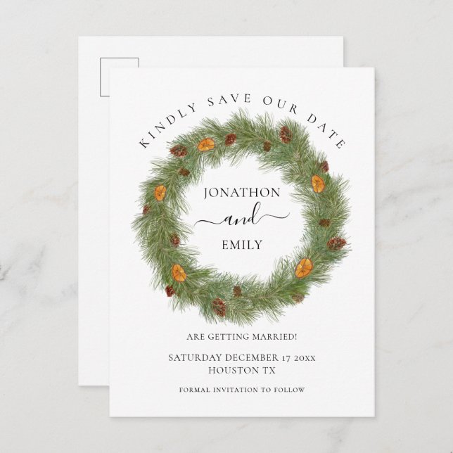 Christmas Wedding Pine Cones Orange Save the Date Announcement Postcard (Front/Back)