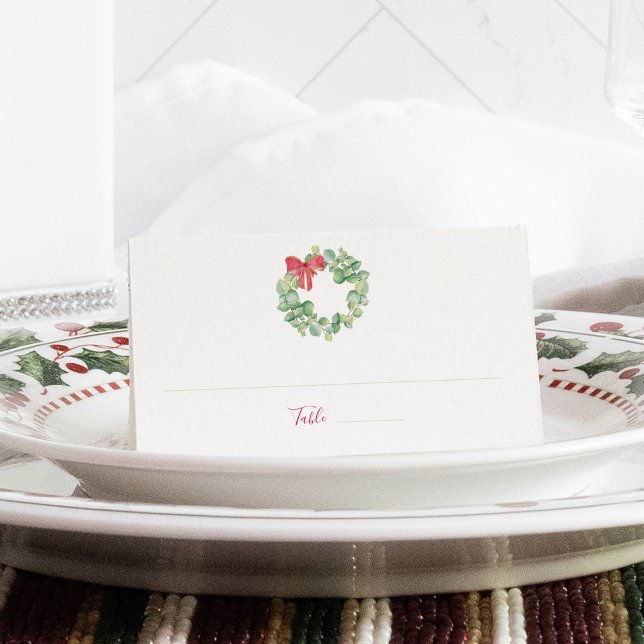 Christmas Wedding Place Card, Escort Card (Christmas place cards watercolor wreath with red bow in a holiday scene)