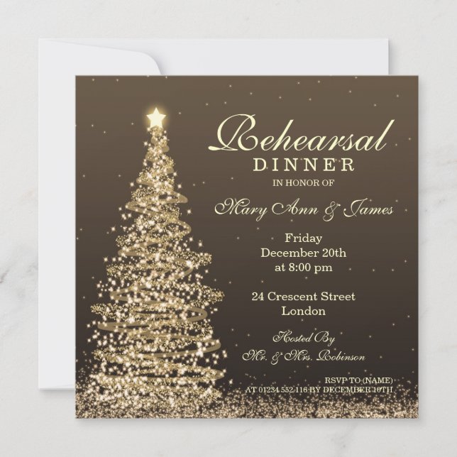 Christmas Wedding Rehearsal Dinner Gold Invitation (Front)