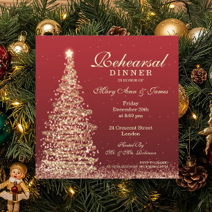 Christmas Wedding Rehearsal Dinner Red Gold Invitation