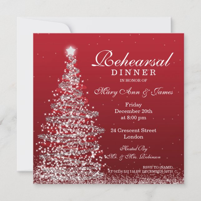 Christmas Wedding Rehearsal Dinner Red Silver Invitation (Front)