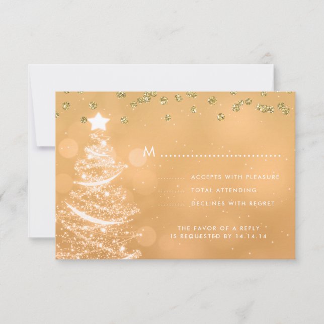 Christmas Wedding RSVP Sparkle Tree Gold  Card (Front)
