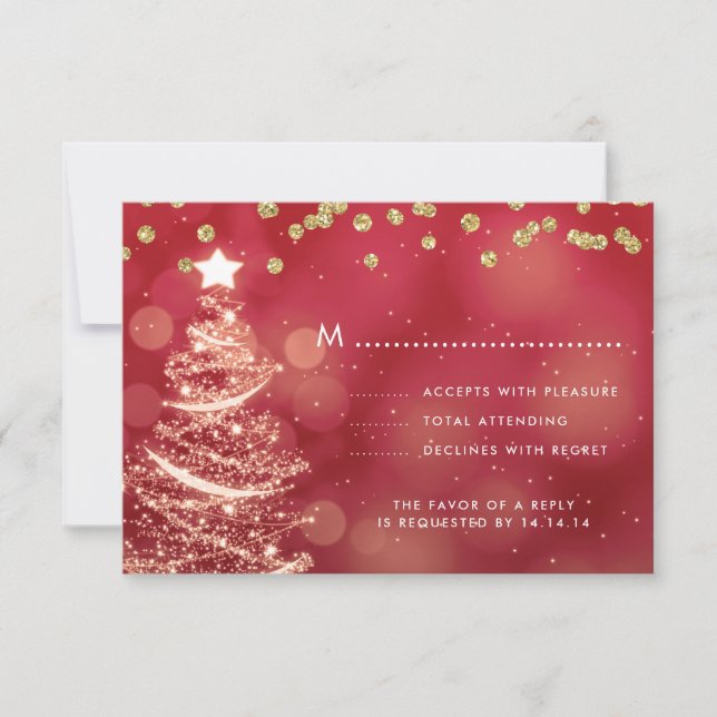 Christmas Wedding RSVP Sparkle Tree Red Gold Card (Front)