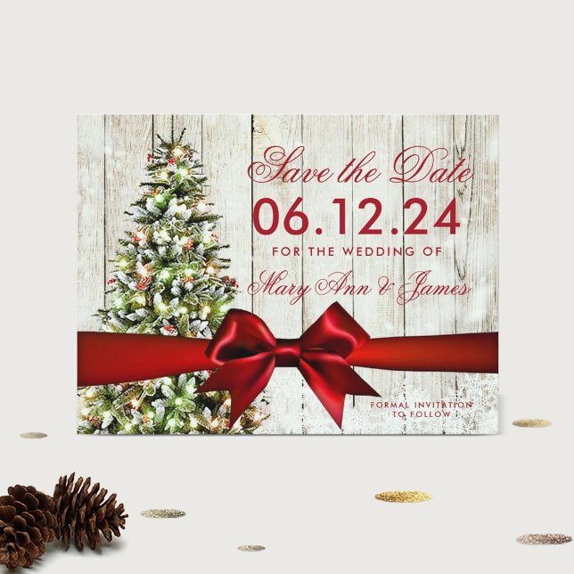 Christmas Wedding Save Date Christmas Tree  Ribbon Announcement Postcard (Creator Uploaded)