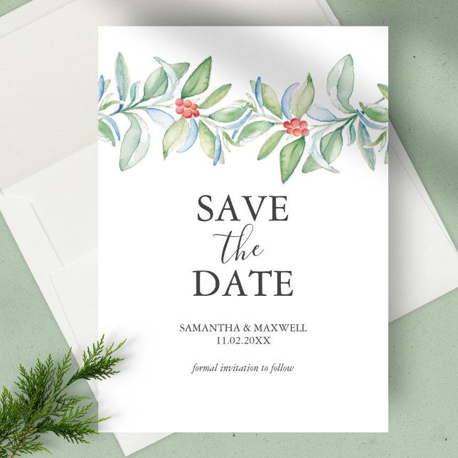Christmas Wedding Save The Date Invitation (Christmas wedding save the date botanical berries & leaves watercolor art by Victoria Grigaliunas)