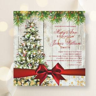 Christmas Wedding Tree, Lights & Red Ribbon Invitation