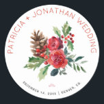 Christmas wedding watercolor floral and berries classic round sticker<br><div class="desc">Editable text wedding favour sticker or envelope seal featuring a rustic modern watercolor Christmas traditional bouquet and red typography script. Ideal for your winter,  Christmas floral,  elegant rustic themed weddings. Personalise it with the bride's and groom's names and wedding details!</div>