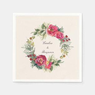 Christmas Wedding Watercolor Floral Wreath Berry Napkin