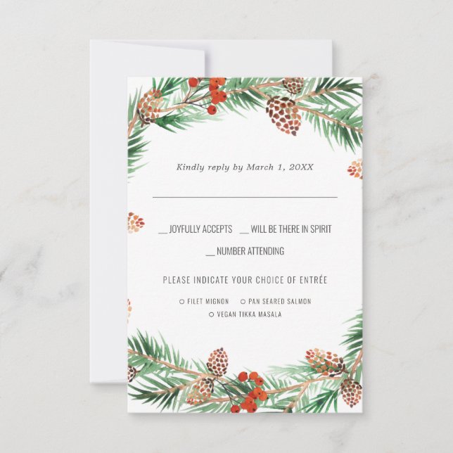 Christmas Wedding | Watercolor RSVP w/Meal Choice Card (Front)