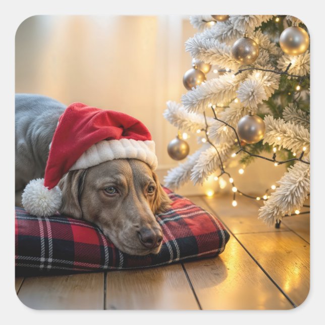 Christmas Weimaraner Dog By a Tree Square Sticker (Front)