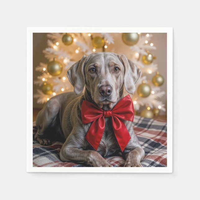 Christmas Weimaraner Dog With Red Bow Napkin (Front)