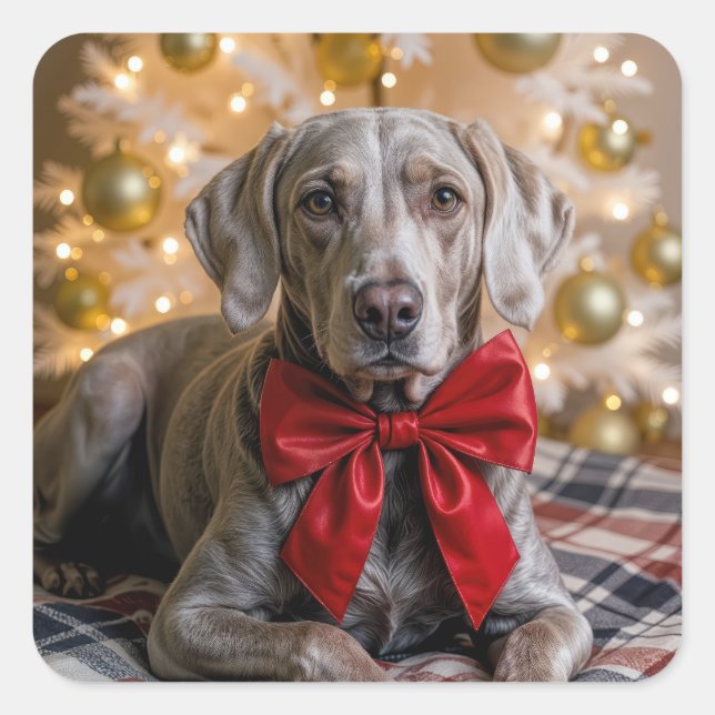 Christmas Weimaraner Dog With Red Bow Square Sticker (Front)