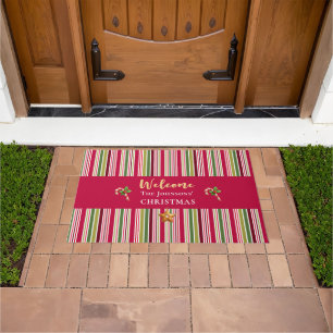 Christmas Welcome – Red, Green & Gold Stripes Doormat