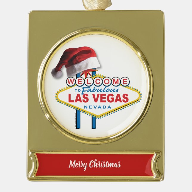 Christmas Welcome to Las Vegas Sign Gold Plated Banner Ornament (Front)