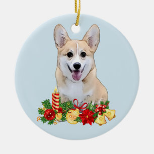 Christmas Welsh Corgi with Presents Ceramic Tree Decoration