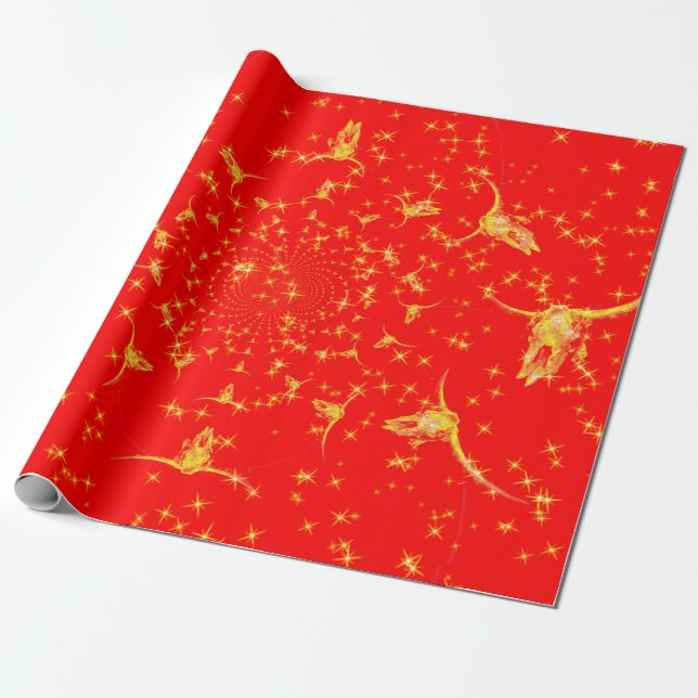 Christmas Western Glitter Red Gold Girly Cow Skull Wrapping Paper (Unrolled)
